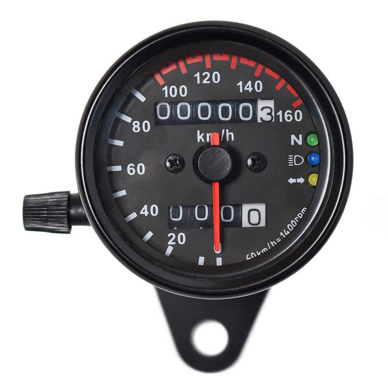 DKMOTORK 0021 KM/H Diameter 2.56 Inches Mechanical Motorcycle Speedometer Dual Odometer Gauge with Led Backlight Neutral Headlight Turn Signal Indicator Stainless 12V Black - Image 1